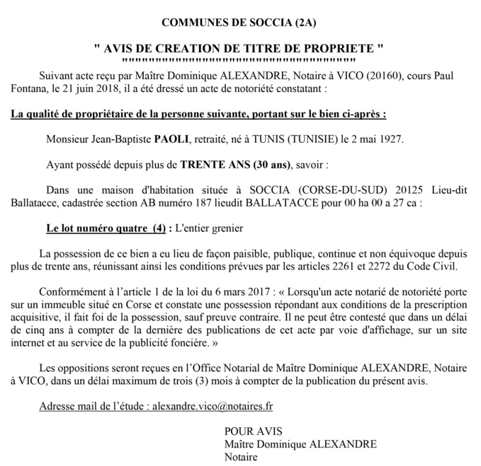 Avis de création de titre de propriété - commune de Soccia (Corse du Sud) Avis de création de titre de propriété - commune de Soccia (Corse du Sud)