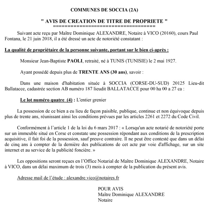 Avis de création de titre de propriété - commune de Soccia (Corse du Sud)