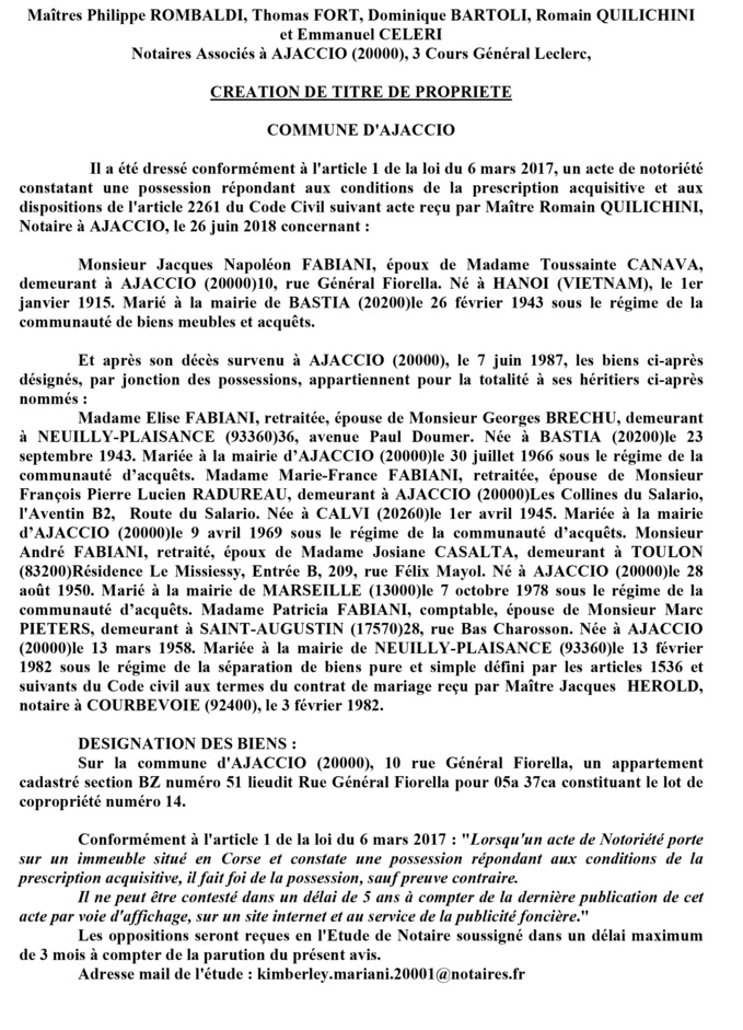 Avis de création de titre de propriété - commune d'Ajaccio (Corse du Sud)