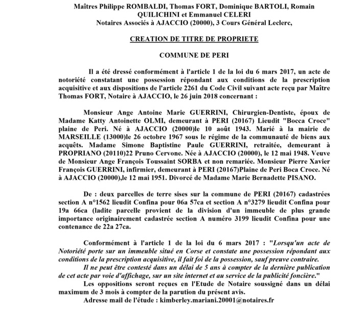 Avis de création de titre de propriété - commune de Peri (Corse du Sud)