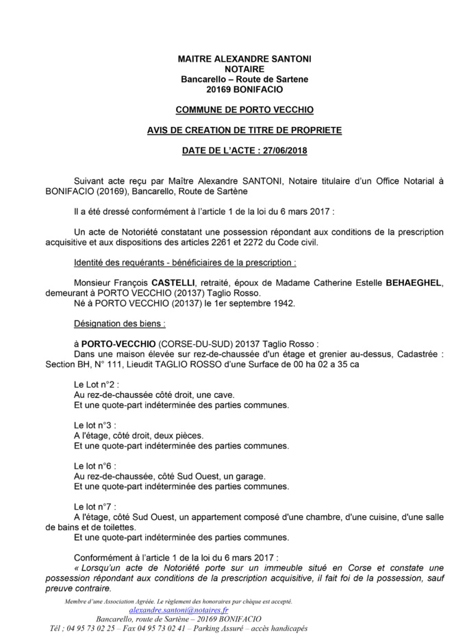 Avis de création de titre de propriété - commune de Porto Vecchio (Corse du Sud)