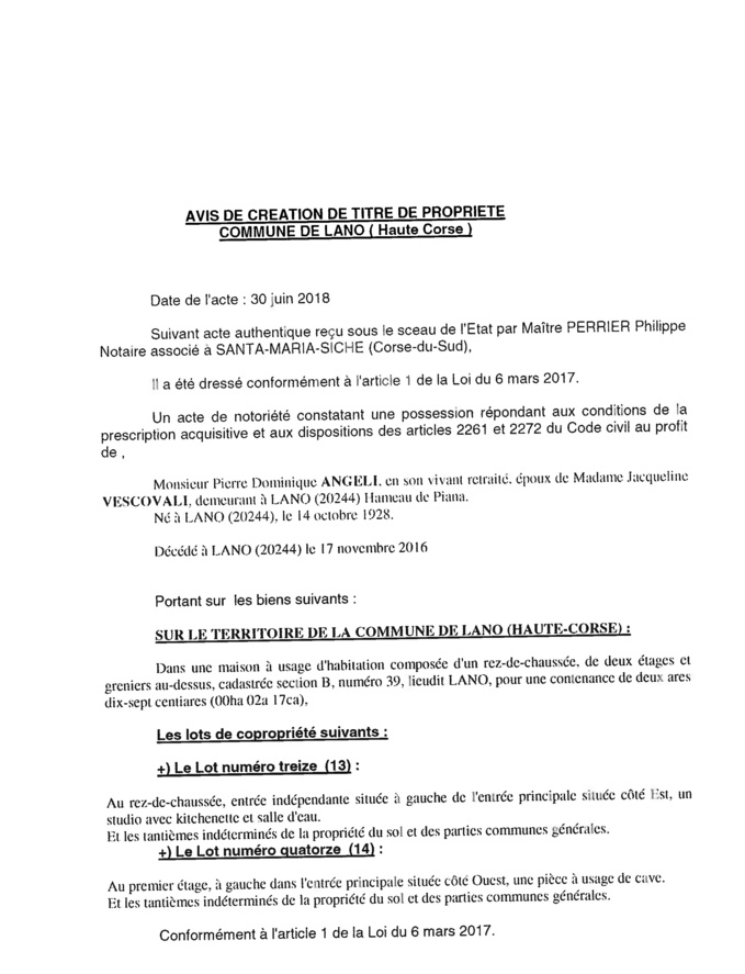 Avis de création de titre de propriété - commune de Lano (Haute-Corse)
