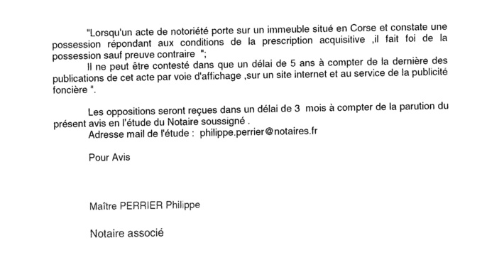 Avis de création de titre de propriété - commune de Lano (Haute-Corse)