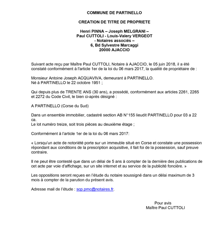 Avis de création de titre de propriété - commune de Partinello (Corse du Sud)