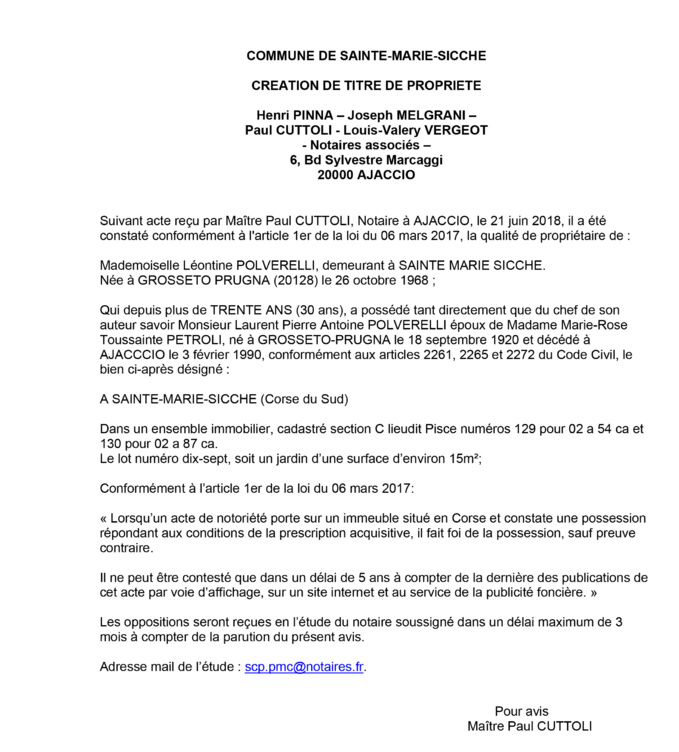 Avis de création de titre de propriété - commune de Sainte-Marie-Sicche (Corse du Sud)