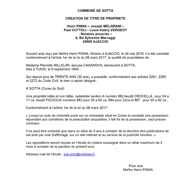 Avis de création de titre de propriété - commune de Sotta (Corse du Sud)