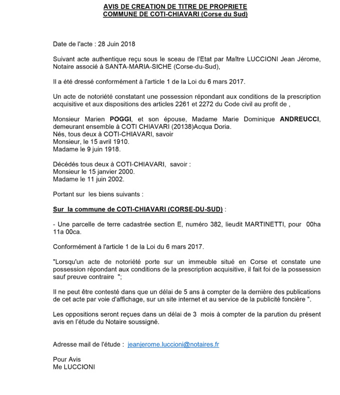 Avis de création de titre de propriété - commune de Coti-Chiavari (Corse du Sud)