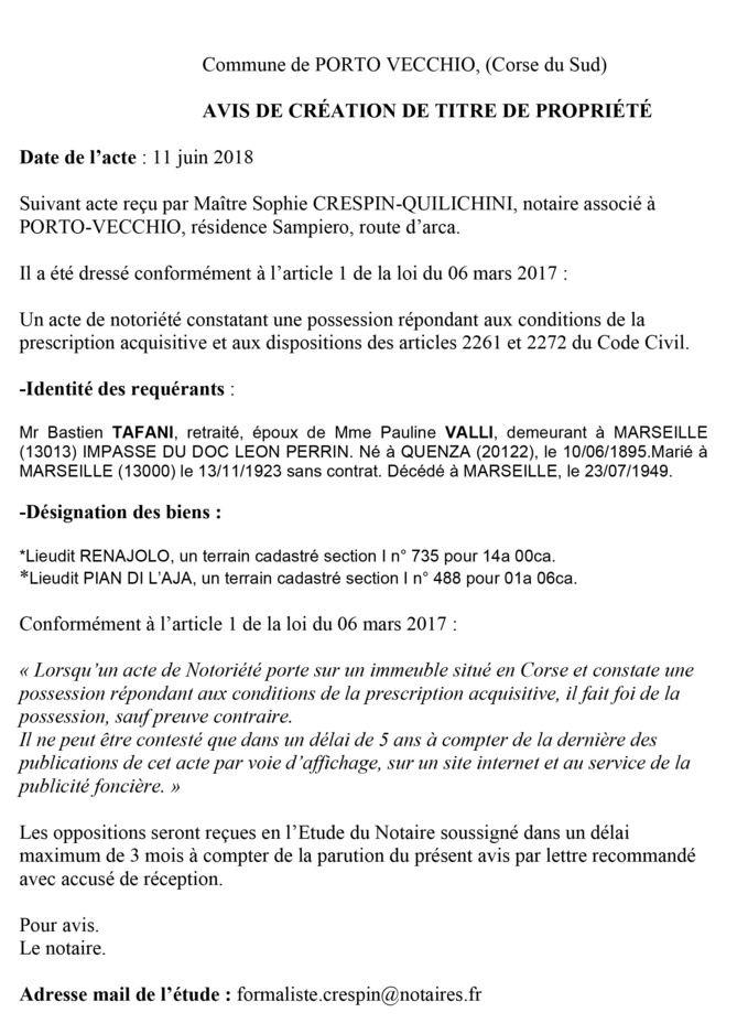 Avis de création de titre de propriété - commune de Porto Vecchio (Corse du Sud)