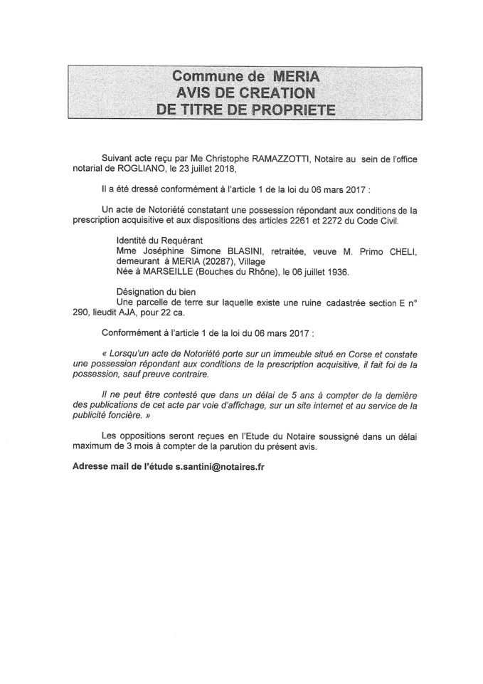 Avis de création de titre de propriété - commune de Prunelli di Fiumorbu (Haute-Corse)