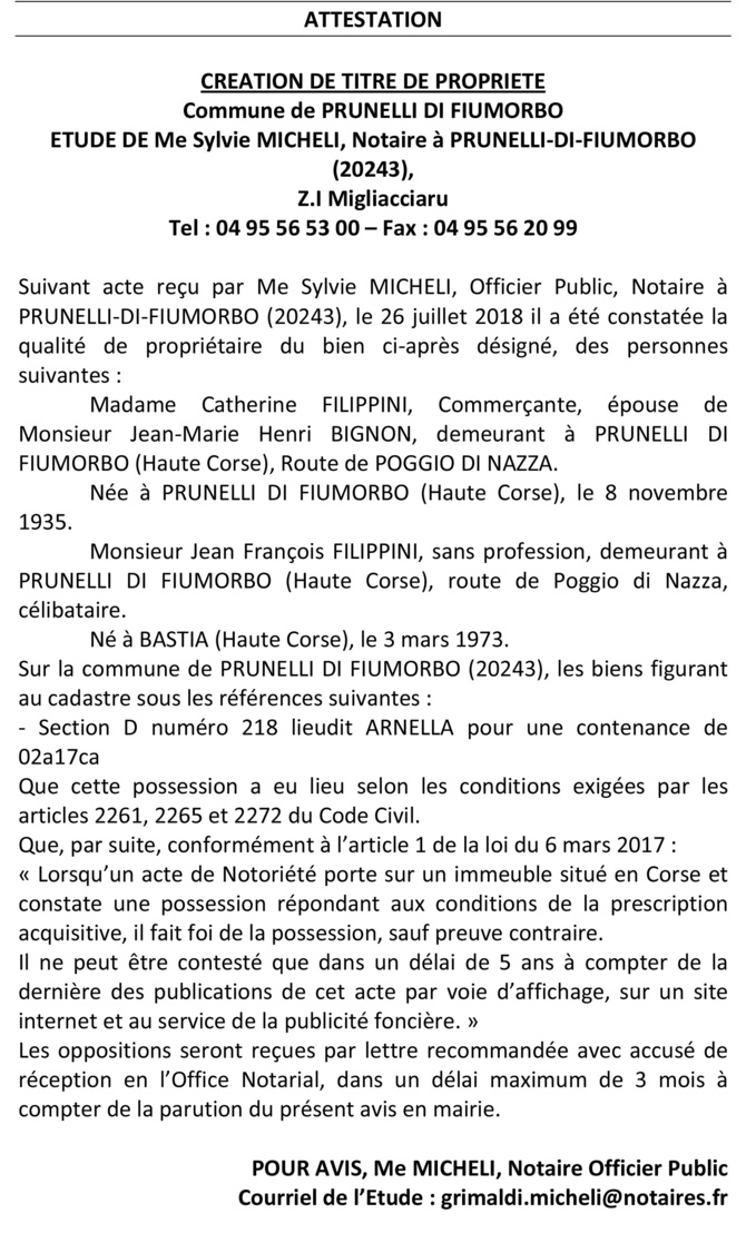 Avis de création de titre de propriété - commune de Prunelli di Fiumorbu (Haute-Corse)