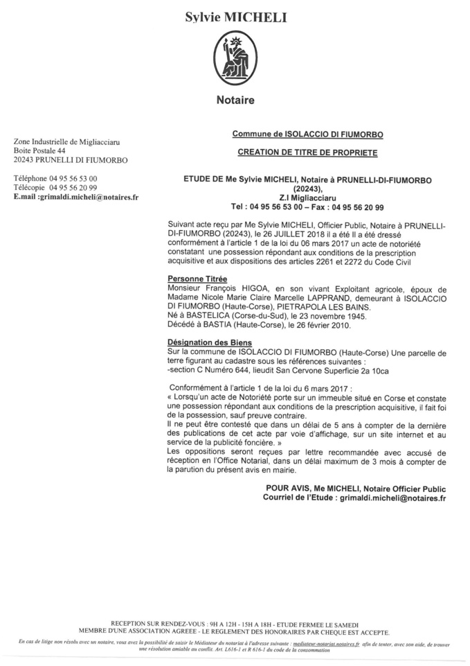 Avis de création de titre de propriété - commune de Prunelli di Fiumorbu (Haute-Corse)