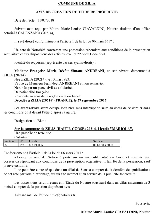 Avis de création de titre de propriété - commune de Zilia (Haute-Corse) Avis de création de titre de propriété - commune de Zilia (Haute-Corse)