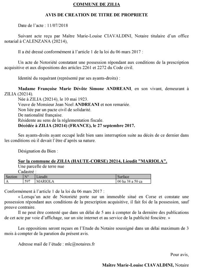 Avis de création de titre de propriété - commune de Zilia (Haute-Corse)