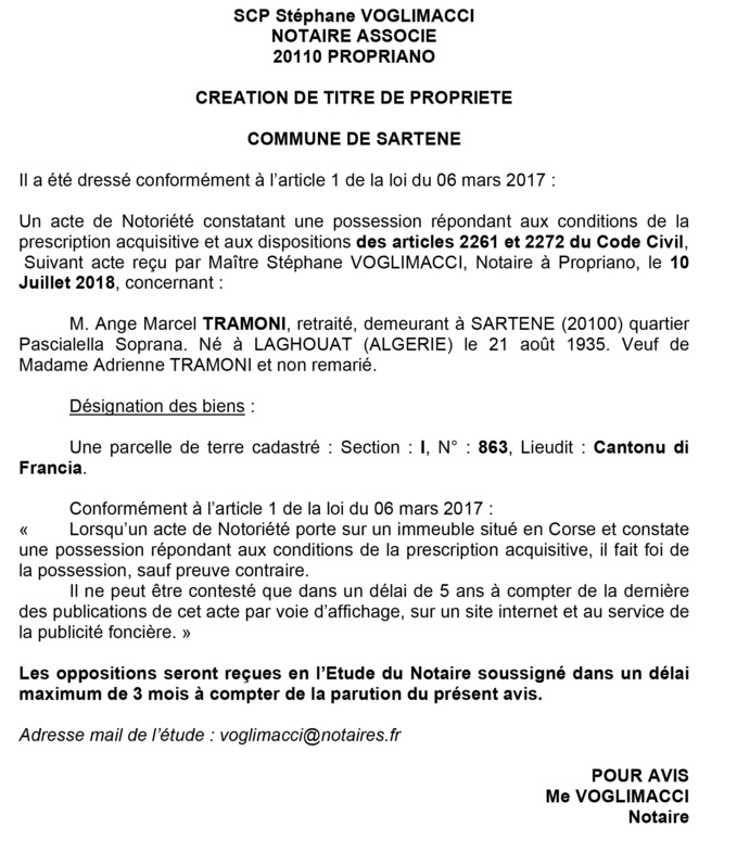 Avis de création de titre de propriété - commune de Sartène (Corse du Sud)