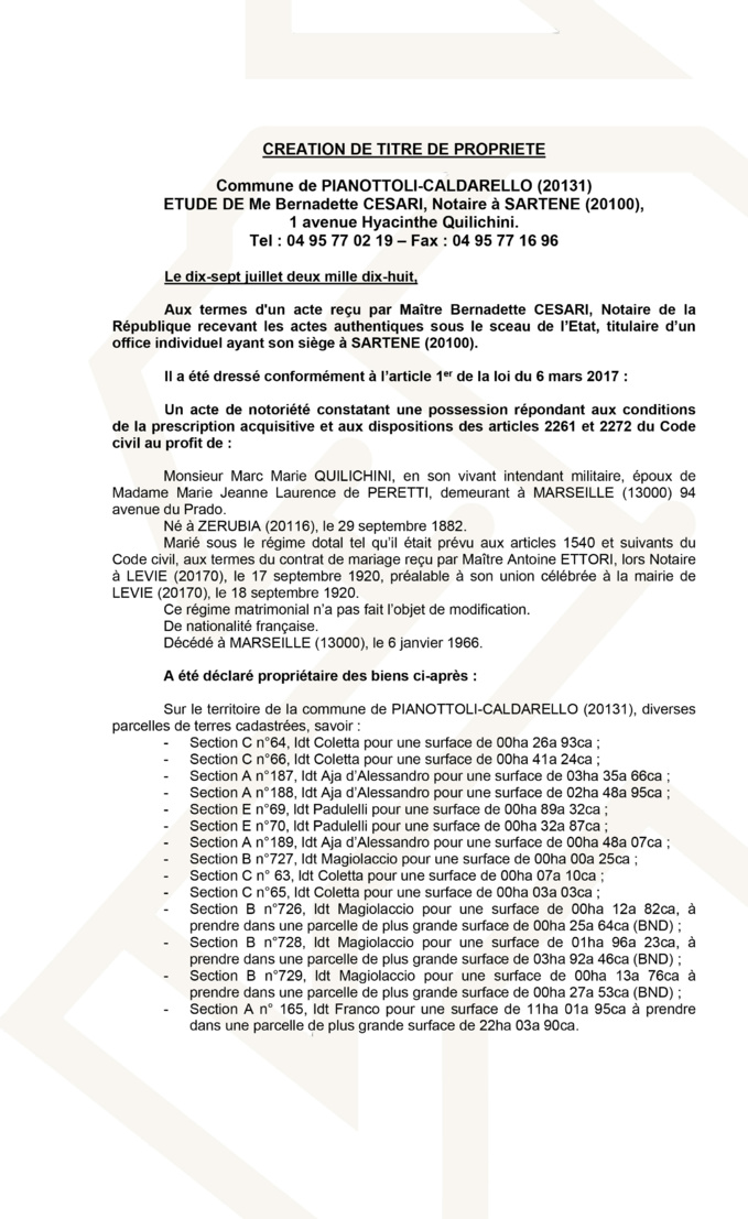 Avis de création de titre de propriété - commune de Pianottoli-Caldarello (Corse du Sud)