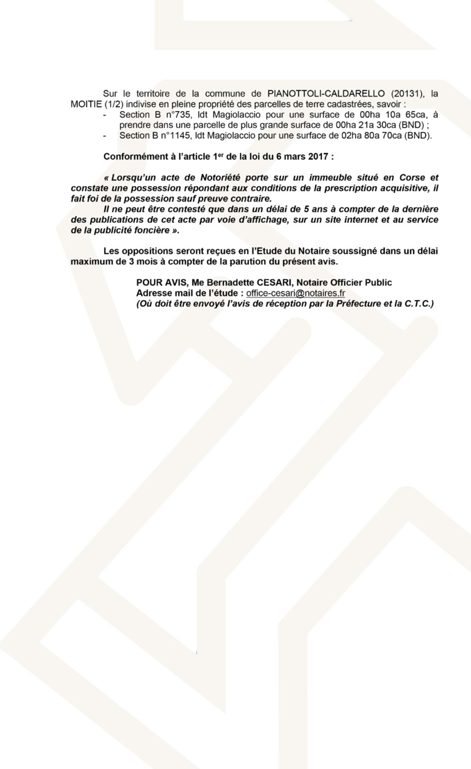 Avis de création de titre de propriété - commune de Pianottoli-Caldarello (Corse du Sud)
