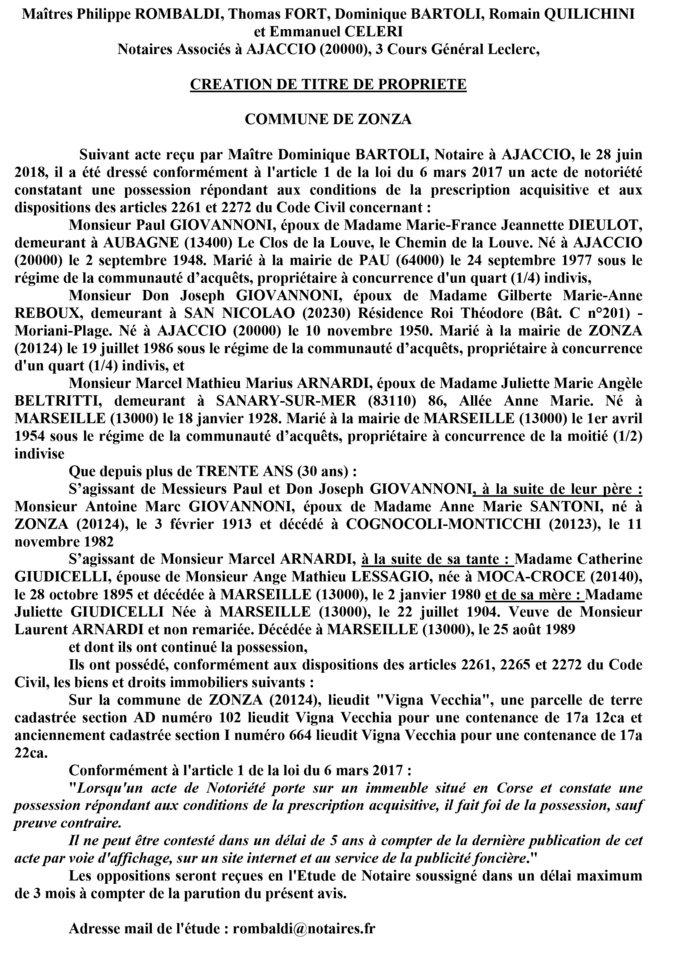 Avis de création de titre de propriété - commune de Zonza (Corse du Sud)