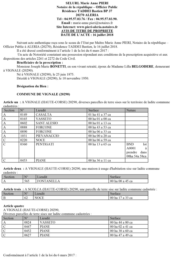 Avis de création de titre de propriété - commune de Vignale (Haute-Corse) Avis de création de titre de propriété - commune de Vignale (Haute-Corse)