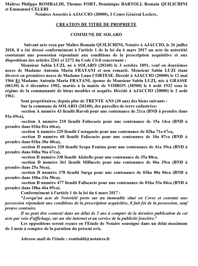 Avis de création de titre de propriété - commune de Solaro (Haute-Corse)