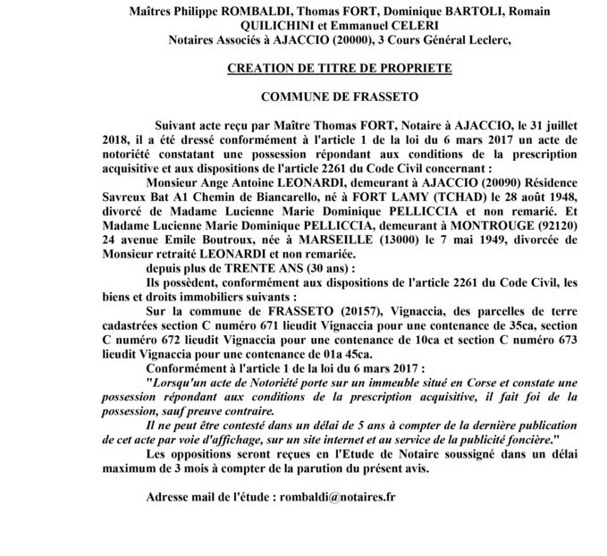 Avis de création de titre de propriété - commune de Frasseto (Corse du Sud)