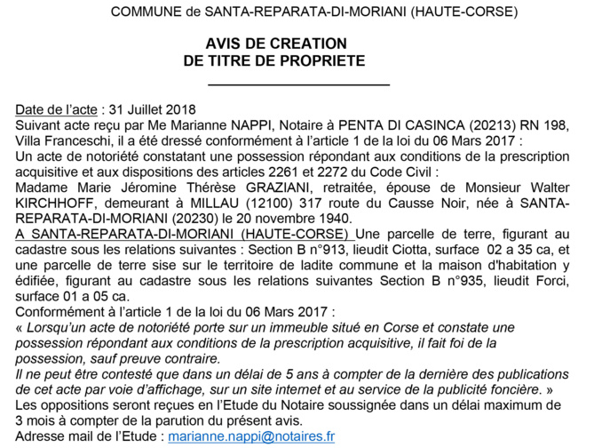 Avis de création de titre de propriété - commune de Santa Reparata di Moriani (Haute-Corse)