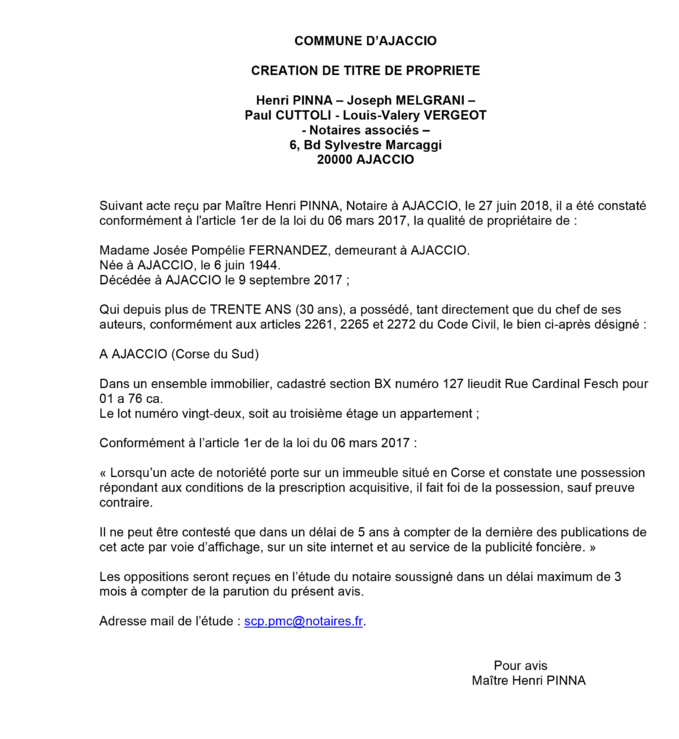 Avis de création de titre de propriété - commune d'Ajaccio (Corse du Sud)
