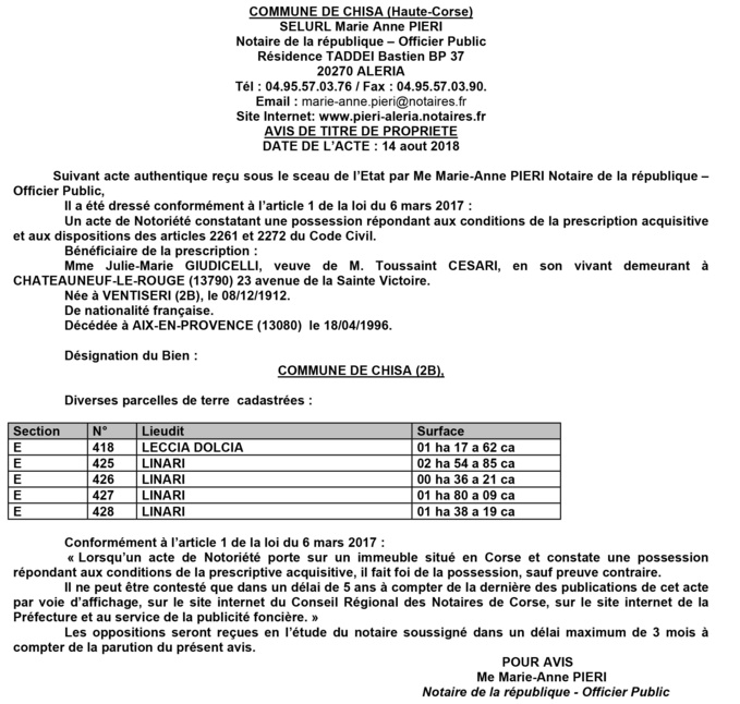 Avis de création de titre de propriété - commune de Chisa (Haute-Corse)