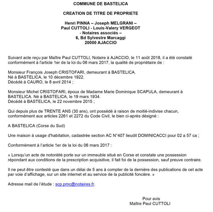 Avis de création de titre de propriété - commune de Bastelica (Corse du Sud) Avis de création de titre de propriété - commune de Bastelica (Corse du Sud)