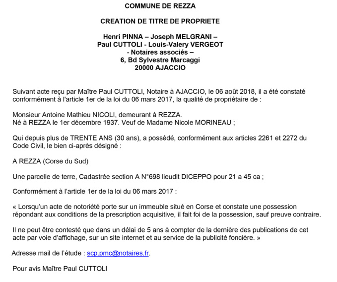 Avis de création de titre de propriété - commune de Rezza (Corse du Sud)