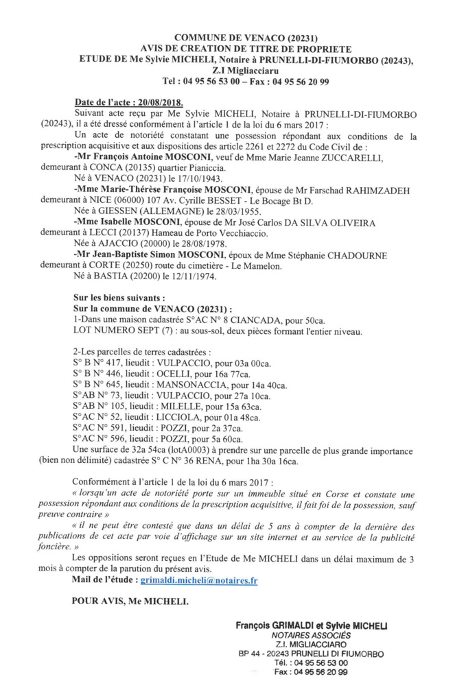 Avis de création de titre de propriété - commune de Venaco (Haute-Corse)