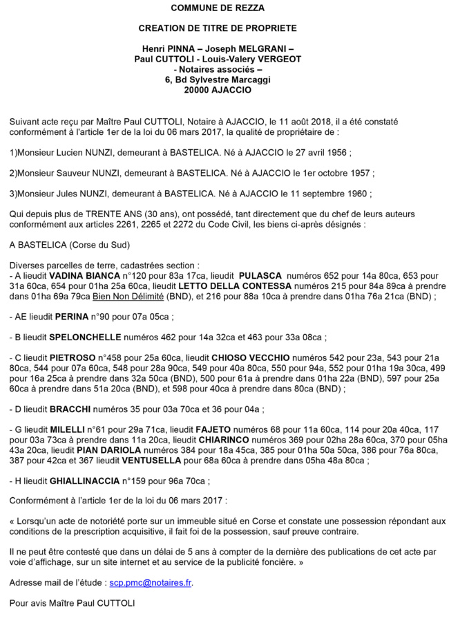 Avis de création de titre de propriété - commune de Rezza (Corse du Sud) Avis de création de titre de propriété - commune de Rezza (Corse du Sud)
