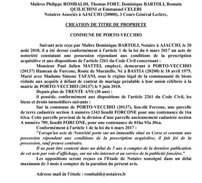 Avis de création de titre de propriété - commune de Porto Vecchio (Corse du Sud)