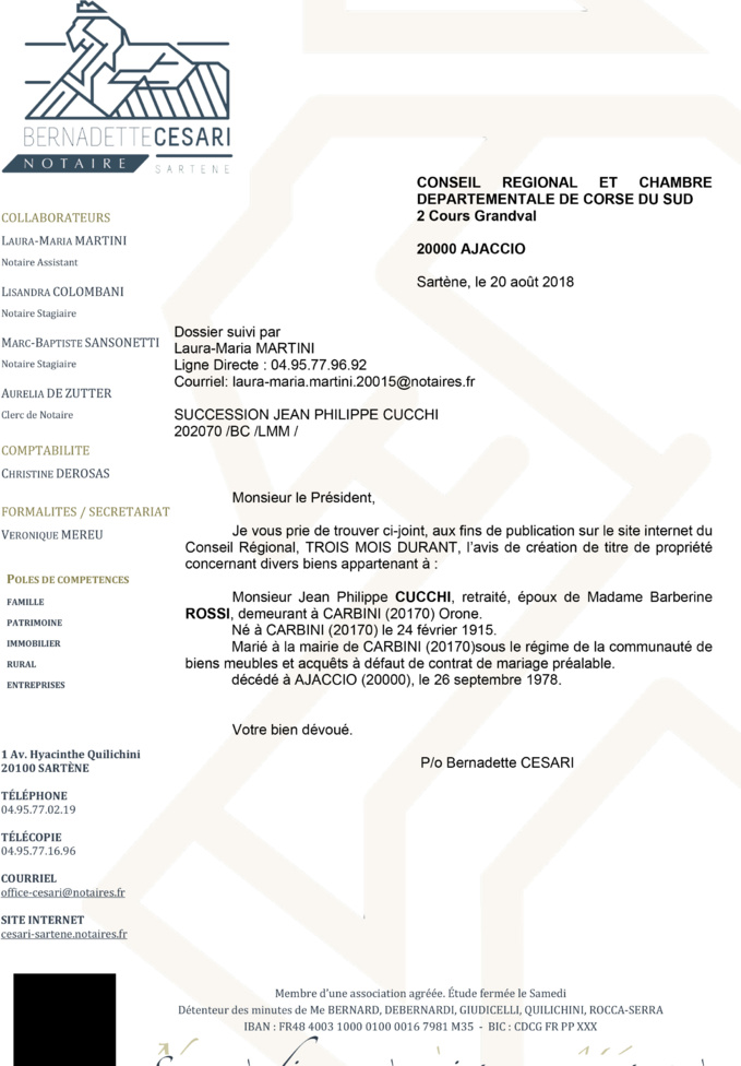 Avis de création de titre de propriété - commune de Carbini (Corse du Sud)