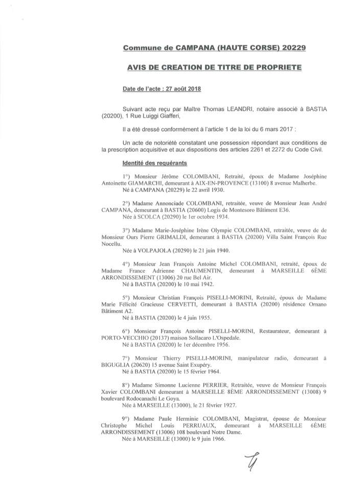 Avis de création de titre de propriété - commune de Campana (Haute-Corse)