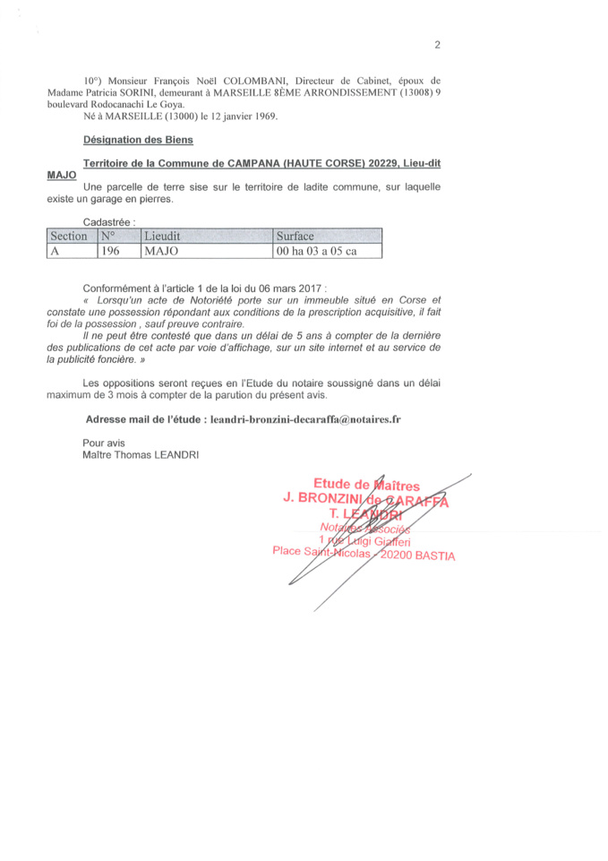 Avis de création de titre de propriété - commune de Campana (Haute-Corse)
