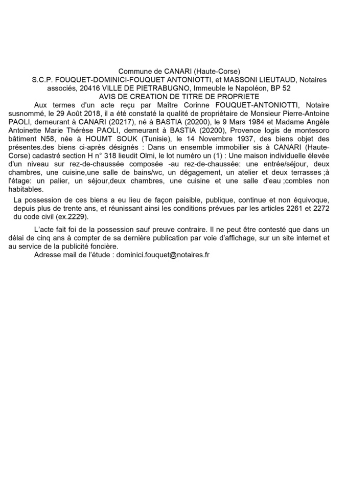 Avis de création de titre de propriété - commune de Canari (Haute-Corse)