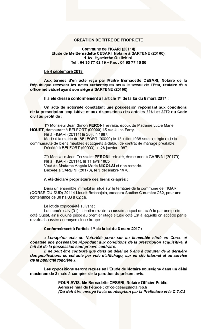 Avis de création de titre de propriété - commune de Figari (Corse du Sud) Avis de création de titre de propriété - commune de Figari (Corse du Sud)