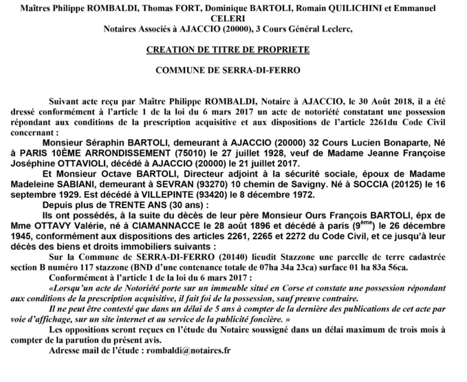 Avis de création de titre de propriété - commune de Serra di Ferro (Corse du Sud)