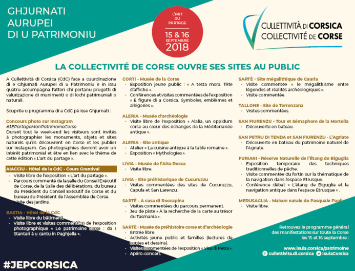 Ghjurnati auropei di Patrimoniu di u 2018 / La Collectivité de Corse ouvre ses lieux patrimoniaux au public : l’Hôtel de la CdC, ses musées, ses sites archéologiques, ses sites et réserves naturels Ghjurnati auropei di Patrimoniu di u 2018 / La Collectivité de Corse ouvre ses lieux patrimoniaux au public : l’Hôtel de la CdC, ses musées, ses sites archéologiques, ses sites et réserves naturels