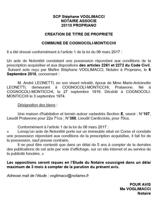 Avis de création de titre de propriété - commune de Cognocoli-Monticchi (Corse du Sud) Avis de création de titre de propriété - commune de Cognocoli-Monticchi (Corse du Sud)