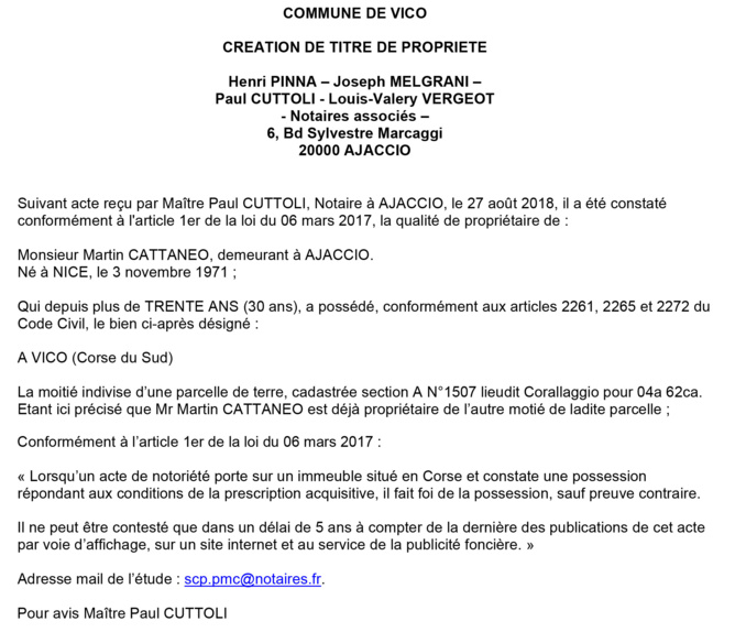 Avis de création de titre de propriété - commune de Vico (Corse du Sud)