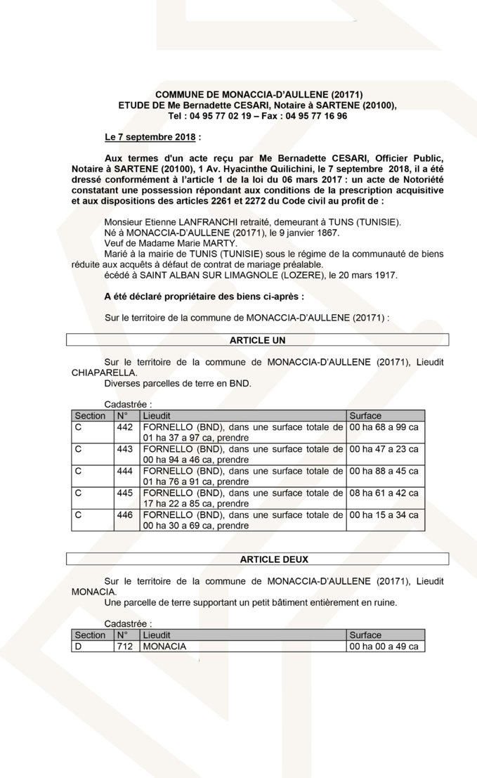 Avis de création de titre de propriété - commune de Monaccia-d'Aullène (Corse du Sud)