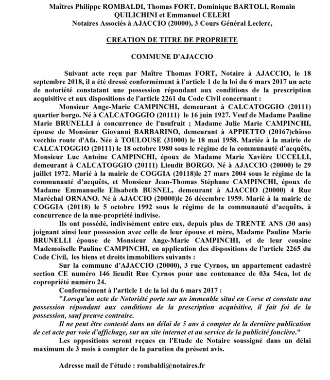 Avis de création de titre de propriété - commune d'Ajaccio (Corse du Sud)