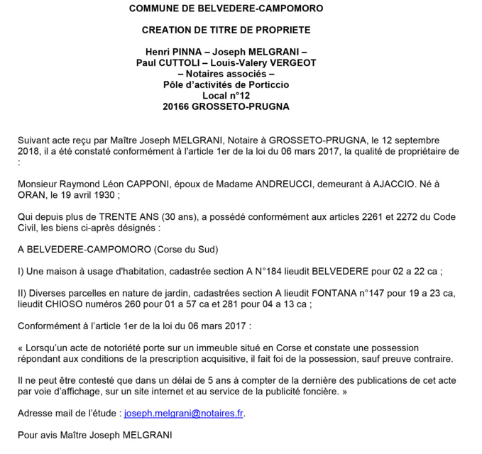 Avis de création de titre de propriété - commune de Belvedère-Campomoro (Corse du Sud)