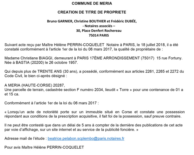 Avis de création de titre de propriété - commune de Meria (Haute-Corse)