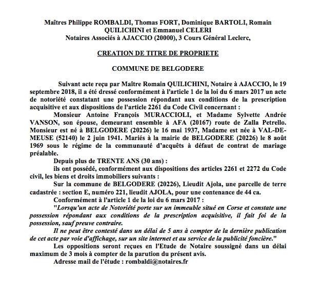 Avis de création de titre de propriété - commune de Belgodère (Haute-Corse)