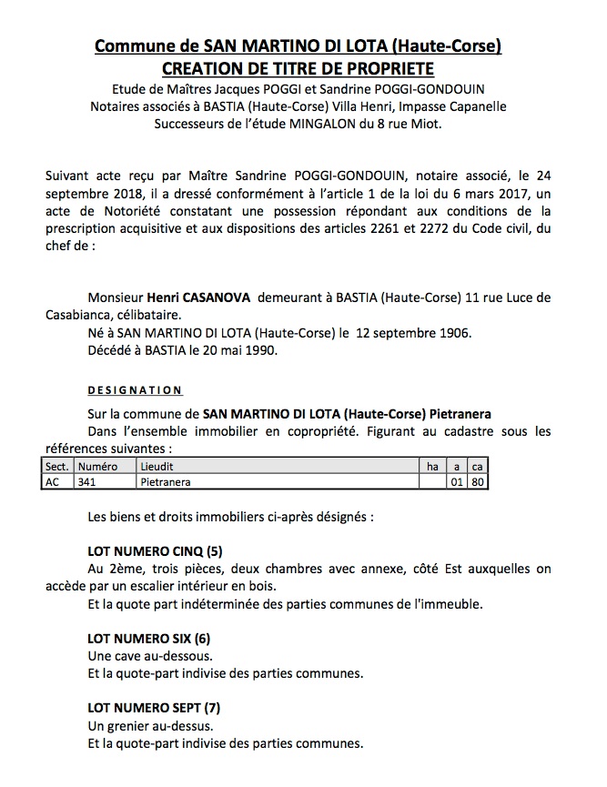 Avis de création de titre de propriété - commune de San Martino di Lota (Haute-Corse)