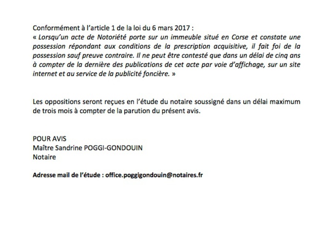 Avis de création de titre de propriété - commune de San Martino di Lota (Haute-Corse)
