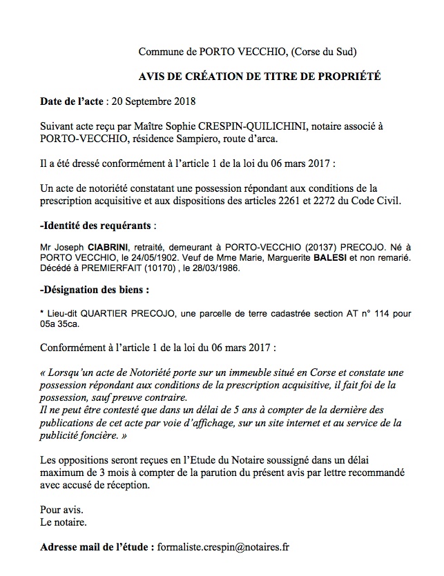 Avis de création de titre de propriété - commune de Porto Vecchio (Corse du Sud)