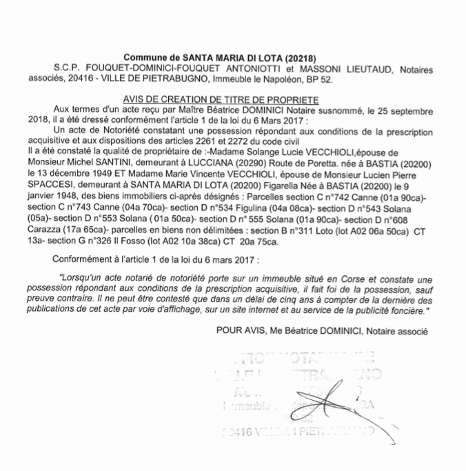 Avis de création de titre de propriété - commune de San Martino di Lota (Haute-Corse) Avis de création de titre de propriété - commune de San Martino di Lota (Haute-Corse)